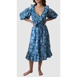 MILLE June Midi Dress French Blue Floral Ruffle Cotton Puff Sleeve Peasant
